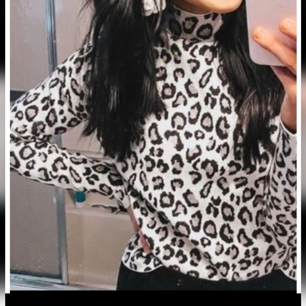 Cynthia Rowley Sparkle Snow Leopard Print Mock Turtleneck Sweater